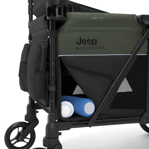 Jeep Aries Stroller Wagon by Delta Children Premium Wagon for 2 Kids with Convertible Seats, Adjustable Push/Pull Handles, Removable Canopy & Flat Fold - Greenguard Gold Certified, Black/Green