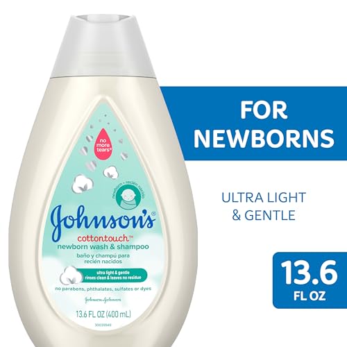 Johnson's CottonTouch Newborn Baby Body Wash & Shampoo, Gentle & Tear-Free, Made with Real Cotton, Gently Washes Away Dirt & Germs, for Sensitive Skin, Baby Essentials, 13.6 fl. oz