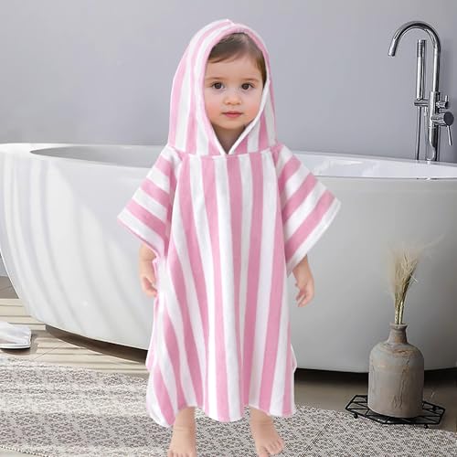 VOOVA & MOVAS Toddler Towels with Hood, Oversized (2-4Years,21"X21") Made from 100% Soft Cotton,Absorbent Hooded Poncho Towel for Baby Girls,Perfect for Pool | Swimming | Bath | Beach,Pink Stripe
