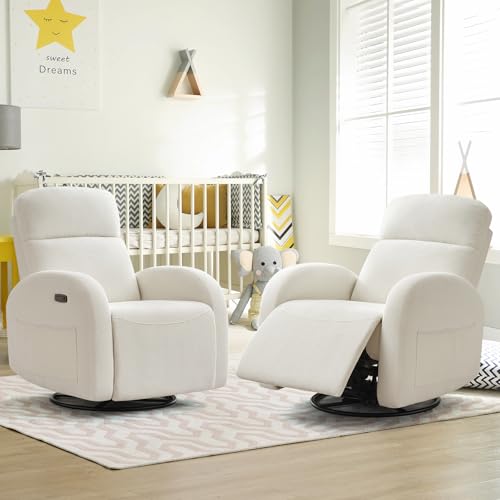 Power Nursery Glider Recliner, Chenille Electric Rocker Recliner with Type-C & USB Port, Nursery Swivel Rocker Recliners with Double Pockets for Adult, Cream White