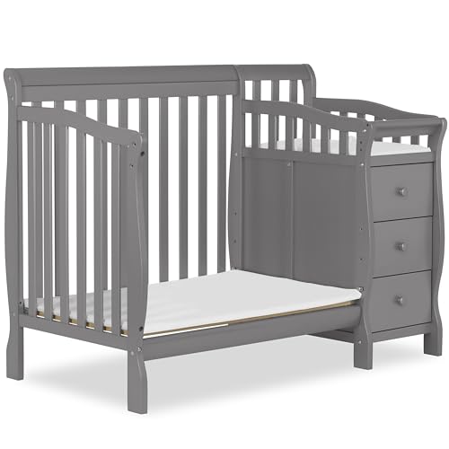 Dream On Me Jayden 4‑in‑1 Mini Convertible Baby Crib & Changer with Storage, Steel Grey, Pinewood, GreenGuard Gold & JPMA, 1” Mattress Pad, 3 Mattress Heights, Converts to Mini Day & Twin-Size Bed