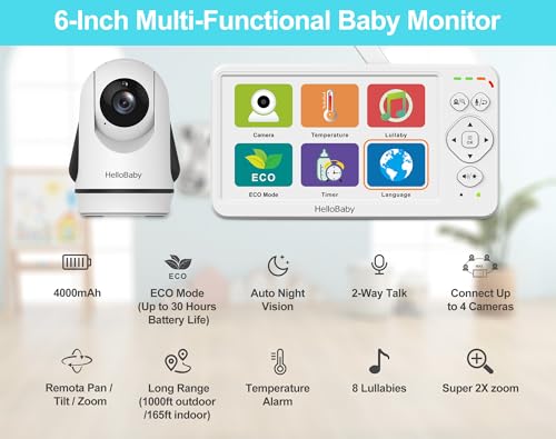 HelloBaby Baby Monitor with Camera and Audio, 6" World First IPS Large Screen, No WiFi 30H Battery 4000mAh, Night Vision, 2-Way Talk, Remote PTZ, ECO,1000ft, Video Audio Monitor for Baby Elderly Pet