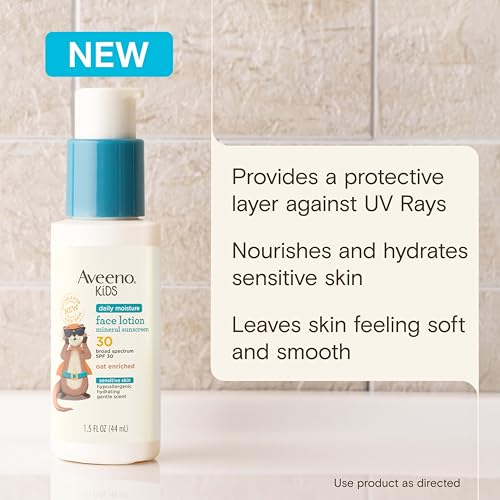 Aveeno Kids Daily Moisture Face Lotion & Mineral Sunscreen with SPF 30, Oat Enriched Face Moisturizer for Kids & Broad-Spectrum Sun Protection for Sensitive Skin, Hypoallergenic, 1.5 fl. oz