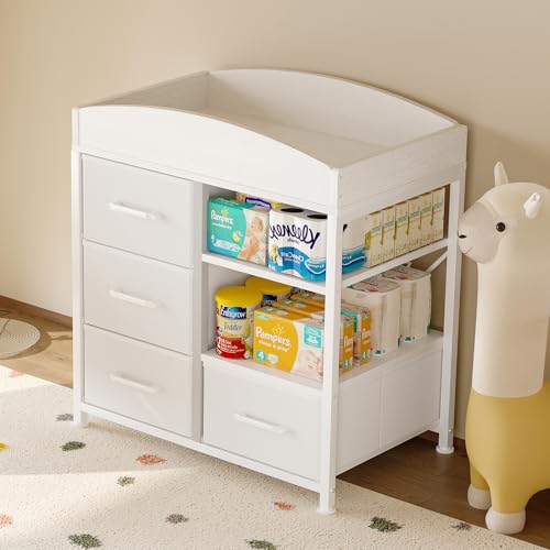Homeiju Baby Changing Table with 4 Drawers and 2 Shelves - Baby Dresser with Changing Table Top Diaper Changing Station with Storage for Nursery Modern, White