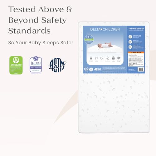 Delta Children Twinkle Galaxy Limited 4-inch Mini Crib Mattress - Premium Sustainably Sourced Fiber Core - Waterproof - GREENGUARD Gold Certified (Non-Toxic) - 5 Year Warranty - Made in USA