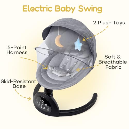 Baby Swings for Infants, Portable Baby Swing for Indoor and Outdoor, Bluetooth Baby Swing with Music Speaker, 5 Point Harness Belt, 5 Speeds and Timing