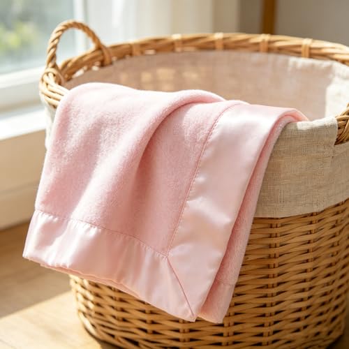 American Baby Company Fleece Blanket (30" x 40") with Silk-Like Satin Trim, Soft, Warm & Cozy, Pink, for Boys and Girls, Perfect for Baby Carrier, Stroller, Travel and Gifting