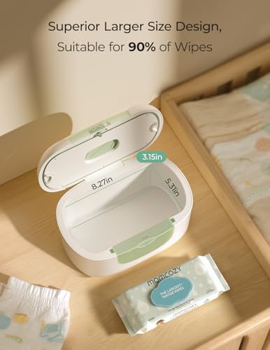 Momcozy New Baby Wipe Warmer, Large Capacity Wipe Dispenser Compatible with 60-80pcs,10-Min Fast Heating,4 Temperature Modes,Innovative Spring Design,Silicone&Top Seals,Even Heating,3-Level Nightlight
