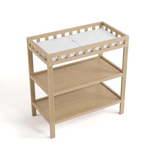 Storkcraft Morningside Changing Table (Driftwood) – GREENGUARD Gold Certified Baby Changing Table, Includes Waterproof Diaper Changing Pad, Easy 30-Minute Assembly, 2 Open Shelves for Storage