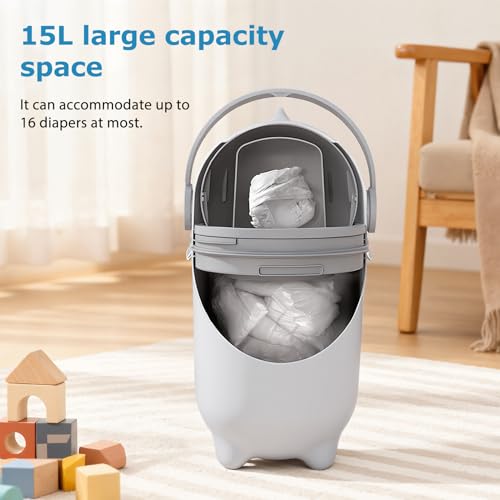SaftSpzre Baby Diaper Pail,Odor Locking,No Special Bag Required,One-Handed Use,15L Large Capacity Diaper Trash Can,Durable Plastic,Registry Must-Have Gift - White