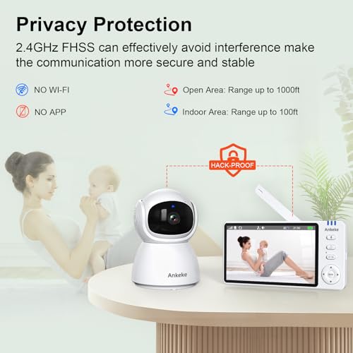 AnKeKe Baby Monitor with Camera and Audio, No WiFi Baby Monitor with 5" IPS LCD Screen, 100-Hour Battery, 1000ft Long Range, 2-Way Talk, Cry and Feeding Reminder, Night Vision and 355°PTZ