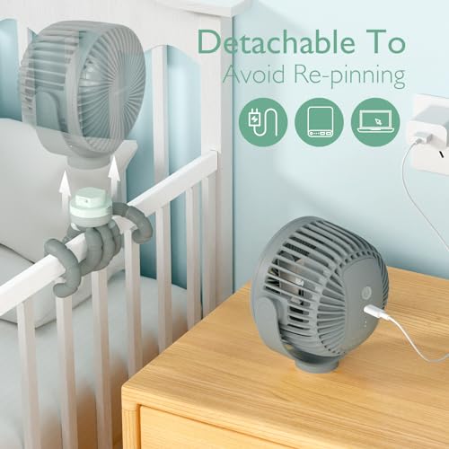 Momcozy 8000mAh Portable Stroller Fan, 27H Ultra-long Battery Life Detachable 4 Speed 360°Rotate LED Night Light with 2 Modes, USB Rechargeable Handheld Cooling Fan for Travel/Car Seat/Bedroom