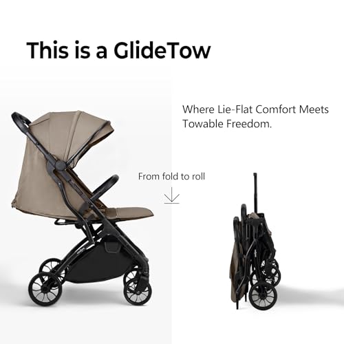 newyoo GlideTow TR18M Travel Stroller, Compact Foldable Baby Stroller with Retractable Handle, Cup Holder, One-Hand Fold, Near Flat Recline Seat, Brown