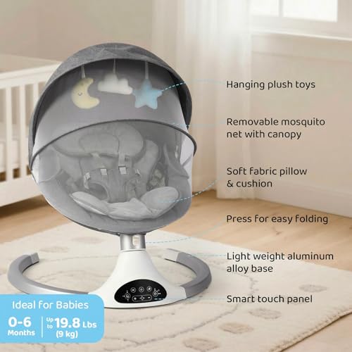 KIDINIX Baby Swings for Infants, Bluetooth Infant Swing with Music Speaker, 3 Seat Positions, 3 Speeds for Newborn Boy Girl, Indoor & Outdoor Use, Black