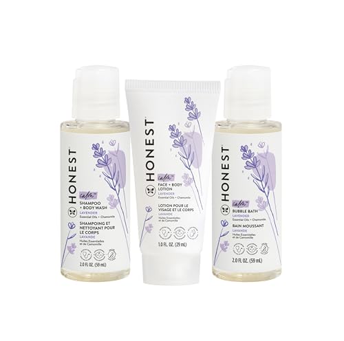 The Honest Company Babe's Mini Must Haves Gift Set Travel Size Hypoallergenic Lavender Bathtime Essentials Shampoo Body Wash (2 fl oz) Face Lotion (1 Bubble Bath