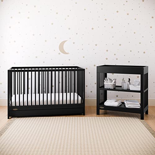 Graco Teddi Changing Table with Water-Resistant Changing Pad (Black) - GREENGUARD Gold Certified, Includes Bonus Water-Resistant Changing Pad with Safety Strap, 2 Shelves, Easy-to-Match