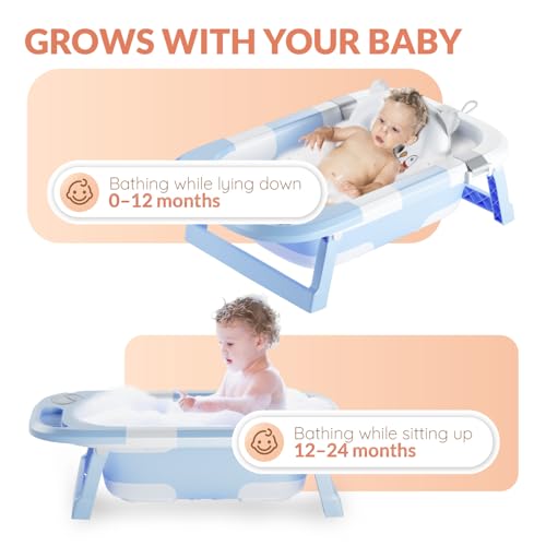 Collapsible Baby Bathtub for Newborn Infant Girl & Boy 0-24 Months, Foldable Portable Bathtub with Thermometer, Heat Sensor, Drain Plug, Water Scoop, Cushion Pillow, Compact Travel Bath Tub for Shower
