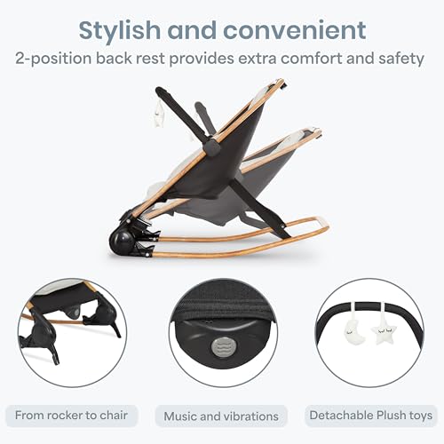 Dream On Me Rock On Me 2-in-1 Baby Rocker and Stationary Seat, Adjustable Recline, Gentle Music & Vibration, 3-Point Safety Harness, Detachable Toy Bar, Folds Compact for Travel – Black & Grey