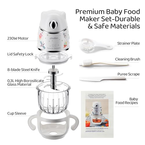 Baby Food Maker, 10oz Glass Baby Puree Blender with Cup Sleeve for Fruit,Vegatable&Meat, 316 Stainless Steel 8-Blade Mini Baby Food Processor with Brush,Strainer Plate&Spatula, Silver (35000RPM)