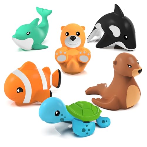Tub Works® Marine™ Mold Free Bath Toys, 6 Pack | Sealed, No Hole Bath Toys Design Keeps Moisture Out | Soft, Squeezable & Float on Water | Easy-Grip Baby & Toddler Bath Toy Set | Great Baby Pool Toys