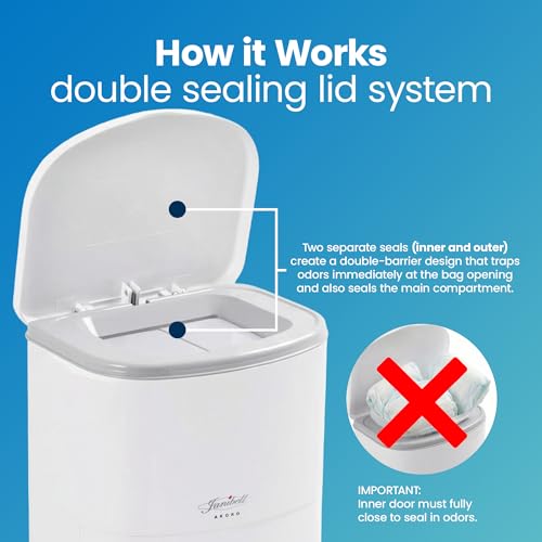 Janibell Akord 330 Adult Diaper Pail System – Holds Up to 35 Adult Diapers per Load, 560 Diapers per Refill Roll, 11-Gallon Hands-Free Step-On Trash Can, Odor-Locking Double Seal, White Resin