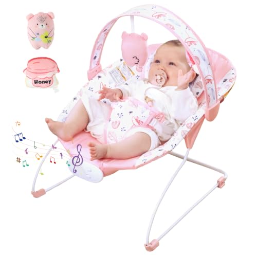 Portable Baby Bouncer Seat with 8 Melodies, 3 Vibration Levels & Adjustable Volume, Foldable Infant Bouncer Rocker with Safety Harness for Baby 0-6 Months, Indoor & Outdoor Use BR2402