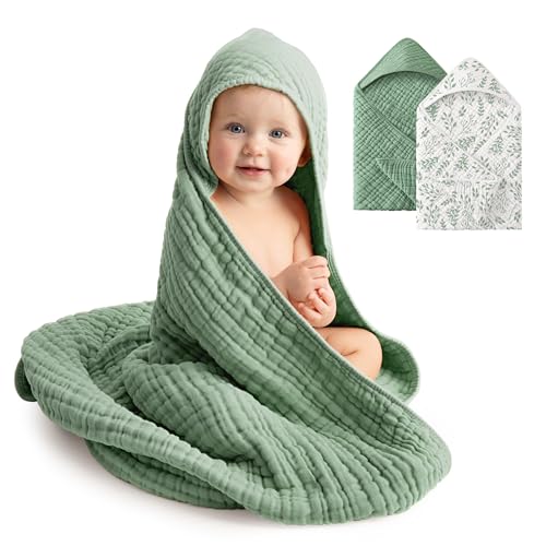 FIEMOL Baby Bath Towels, 100% Muslin Cotton Hooded Baby Towels for Newborn, 2 Pack Baby Towels with Hood for Infant Toddler and Kids, Large 32x32Inch Unisex Bath Essentials, Soft and Absorbent