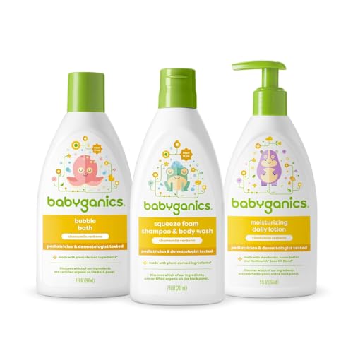 Babyganics Bath Time Giftset, Bubble Bath, Squeeze Foam Shampoo + Body Wash, Moisturizing Daily Lotion in Chamomile Verbena