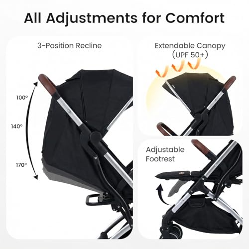 INFANS Travel Stroller, Lightweight Compact Baby Stroller for Airplane with One-Hand Fold, Multi-Position Recline, Canopy, 4 Wheel Suspension, Storage Basket (Black+Silver)