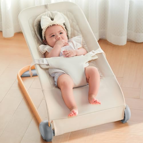 Fodoss Baby Bouncer, Portable Bouncer Seat for Babies, Ergonomic Design Baby Bouncer Chair, Baby Bassinet for Infants, Beige
