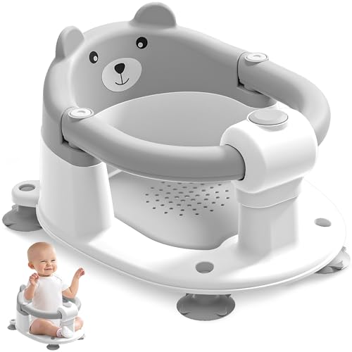 Baby Bath Seat for Babies 5-10 Months, Non-Slip Toddler Bath Seats for Babies Sitting Up, Safe Infant & Newborn Bathtub Chair with 4 Suction Cups & Soft Cushion for Shower,Gray