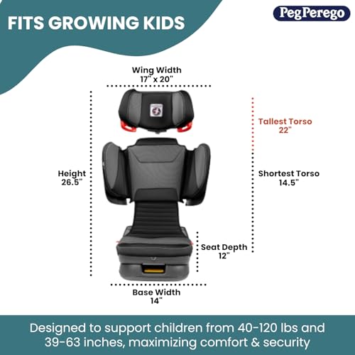 Peg Perego Viaggio Flex 120 Booster, 4D Total Adjust for Safety & Comfort, No Armrests, Compact Fold for Travel, 40-120 lbs, Made in Italy, Crystal Black (Black)