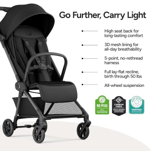 Mompush Nexis Carbon Travel Stroller, Ultra-Lightweight 11.5 lbs, Compact & Airplane Carry-On Approved, One-Second Auto-Fold, One-Hand Full Recline, from Birth to 50 lbs, JPMA Certified, Black