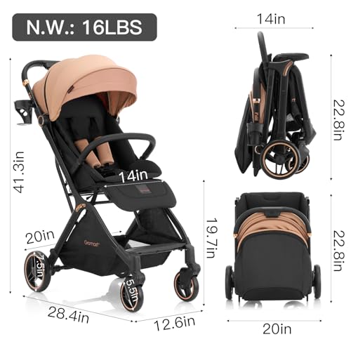 Gromast Gravity Folding Baby Stroller - Portable Travel Toddler Stroller w/Adjustable Backrest, Canopy & Cup Holder, Lightweight and UV Protected, One-Hand Automatic Folding - Khaki