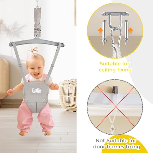FUNLIO Baby Jumper with a Ceiling Hook for 6-24 Months, Baby Door Jumper for Indoor/Outdoor Play, Infant Jumper Doorway with Adjustable Chain, Easy to Assemble & Store (with a Ceiling Hook)- Grey
