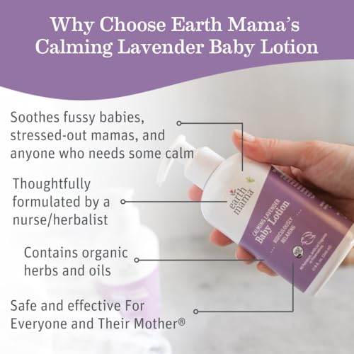 Earth Mama Calming Lavender Baby Lotion for Dry Skin, Calendula Cream for Newborn Skin Care, Children's Moisturizer with Aloe Juice, Rooibos, & Shea Butter, Lavender Lotion, 8 Fl Oz
