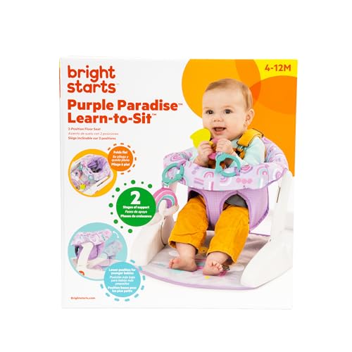 Bright Starts Learn-to-Sit Baby Floor Seat, 2-Positions Grow with Infant, Portable Baby Chair, Includes Sensory Toys, Unisex, 4-12 Months, Purple Paradise