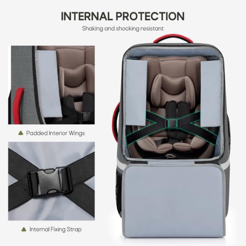 RAINSMORE Padded Car Seat Travel Bag for Airplane with Spinner Wheels, Heavy Duty Carseat Backpack for Air Travel Large Rolling Airport Gate Check Bags Fits Baby Car Seats & Boosters, Grey