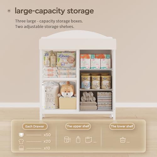 YeTom Changing Table Dresser, Baby Dresser with 3 Fabric Drawers and 2 Shelves, Multi-Functional Baby Changing Table with Pad, Classic Nursery Dresser, Diaper Changing Station for Nursery, White