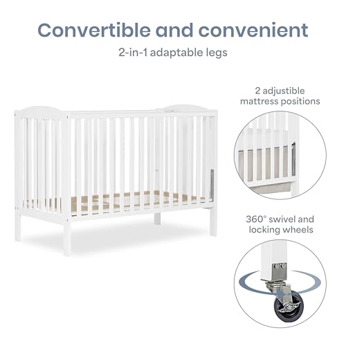 Dream On Me Folding Full Size Convenience Baby Crib with Durable Metal Wheels, Portable Space-Saving Design, 2 Adjustable Heights, Easy Fold Flat Storage, GREENGUARD Gold & BSA Certified, White