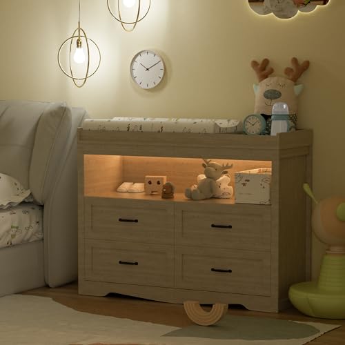 QUNTTINA Baby Changing Table with Changing Table Top for Infants Nursery Dresser Chest with 4 Drawers Storage Changing Station Dresser with LED Light Diaper Changing Station Nursery Organizer,Beige