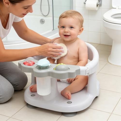 Baby Bath Seat for Babies 6 Months & Up with Toy Tray,Non-Slip Suction Cup Baby Bath Chair for Babies Sitting Up (Grey)