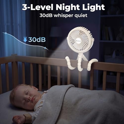 AMACOOL Battery Operated Stroller Fan, Baby Travel Essentials for Beach Disney, Newborn Boy & Girl Showers Gifts Registry Search, Rechargeable Clip On Fan for Car Seat Wagon Crib Bike Treadmill