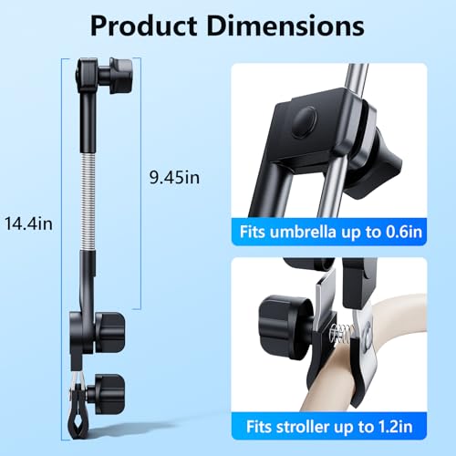 Umbrella Holder for Stroller Chair, 360° Adjustable Clip On Umbrella Attachment, Universal Umbrella Clamp Mount for Golf Cart, Wheelchair, Beach Chair, Camping Chair Outdoor Auto Scooter