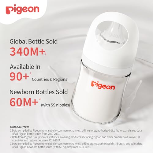 Pigeon Silicone Coating (Glass Inside/Silicone Outside) Baby Bottle, Wide Neck, Streamlined Body, Natural Feel, Easy to Clean, Heat-Resistant, 5 Oz (Pack of 2), Includes 2 pcs SS Nipples (0m+)