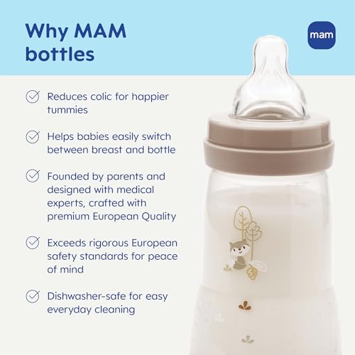 MAM 9oz Easy Start Anti-Colic+ Wide Neck Vented Baby Bottle, Medium Flow Breastfeeding-Like Nipple, Reduces Colic Gas & Reflux, Easy to Clean, BPA Free, 2+ Months, Made in Europe, 2 Pack, Unisex