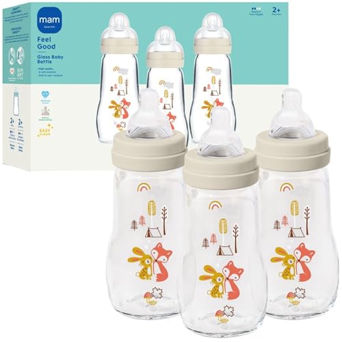 MAM 9oz Feel Good Pure Glass Anti-Colic Wide Neck Baby Bottle, Medium Flow Skin Soft Silicone Nipple, Easy to Clean, BPA Free, 2+ Months, Easy Switch Between Breast & Bottle, Made in Europe, 3 Pk
