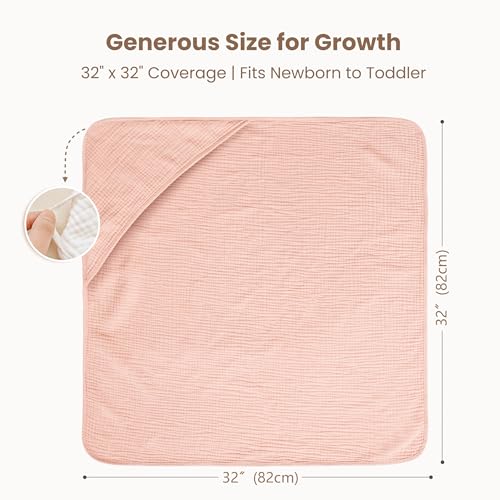 Konssy 2-Pack Muslin Hooded Baby Towels, 100% Cotton, Ultra-Soft & Absorbent Baby Bath Towels with Hood for Newborn & Infant (Pink, Floral,32" x 32")