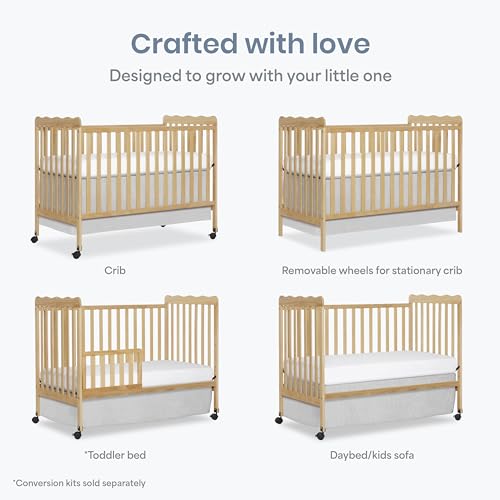Dream On Me Carson Classic 3-in-1 Convertible Full-Size Baby Crib in Natural, GreenGuard Gold & BSA, 4 Mattress Heights, Converts to Day & Toddler Bed, Locking Wheels, Classic Nursery Design