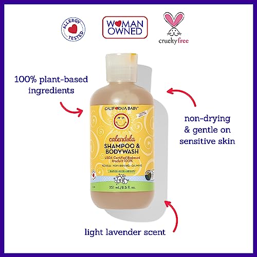 California Baby Calendula Baby Shampoo + Baby Wash | 100% Plant-Based | Soothing Lavender Body Wash Sensitive Skin | Hypoallergenic | 251 mL / 8.5 oz